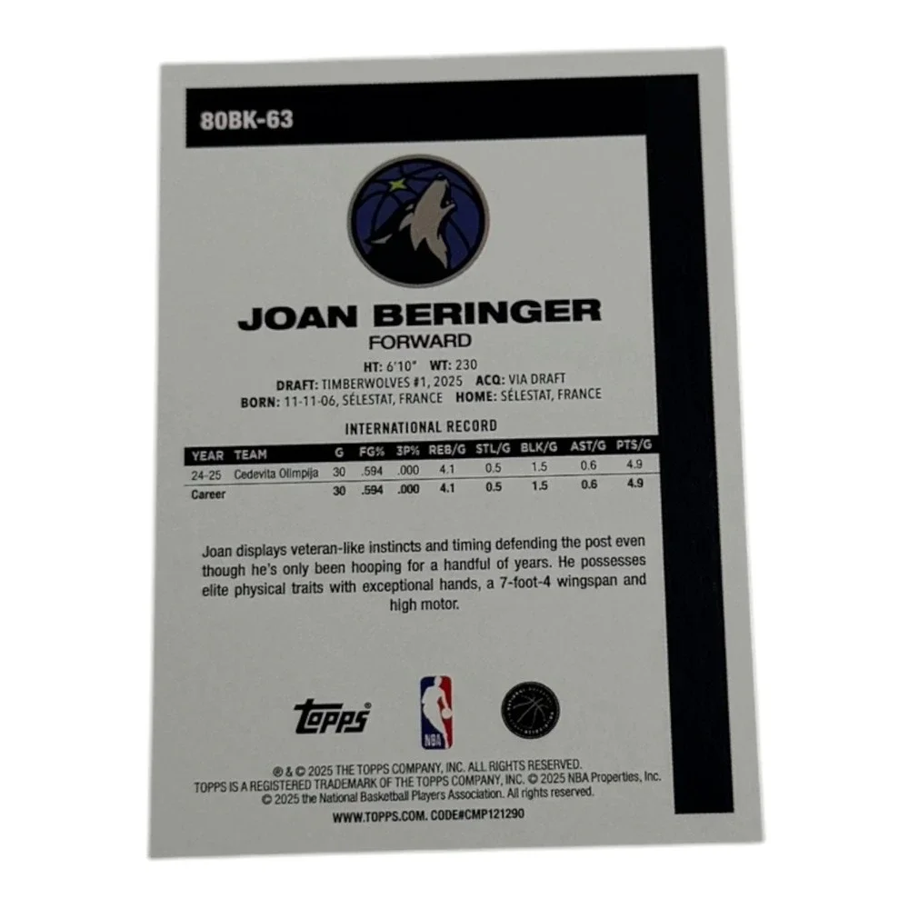 2025 Topps Joan Beringer Minnesota Timberwolves RC Silver‎ Foil 80BK-63 Rookie - Picture 2 of 2